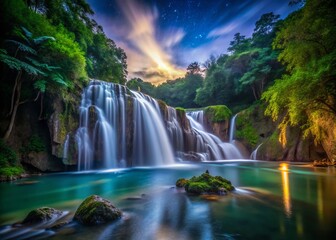 Fototapeta premium Majestic Pangas Falls, Bohol, Philippines: Nighttime Low Light Photography