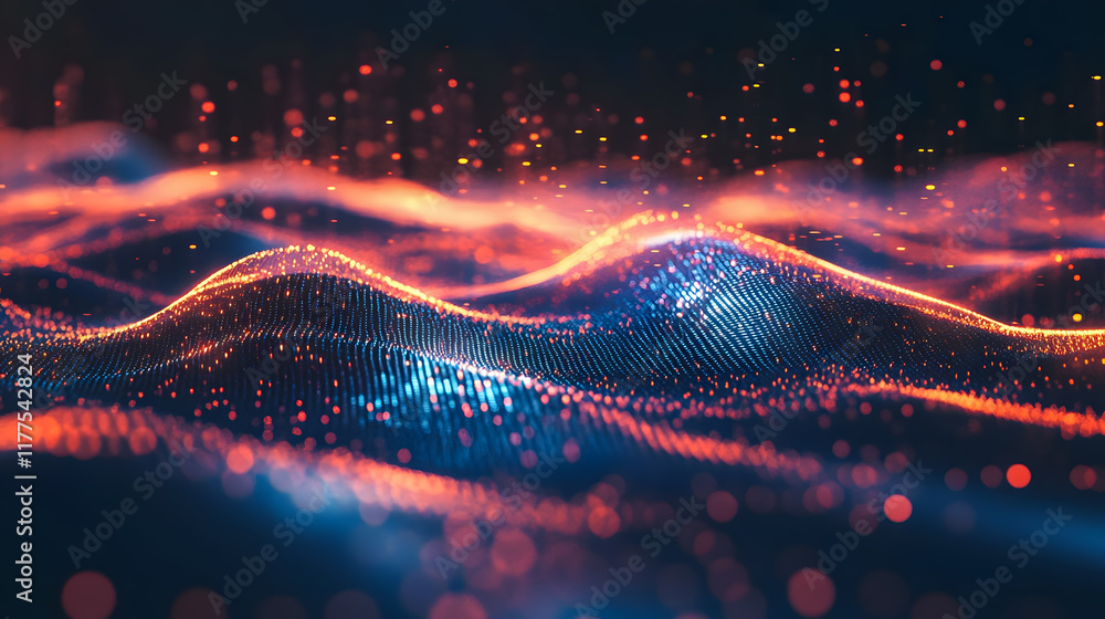 Poster abstract digital waves with glowing particles creating a vibrant and dynamic background for technolo