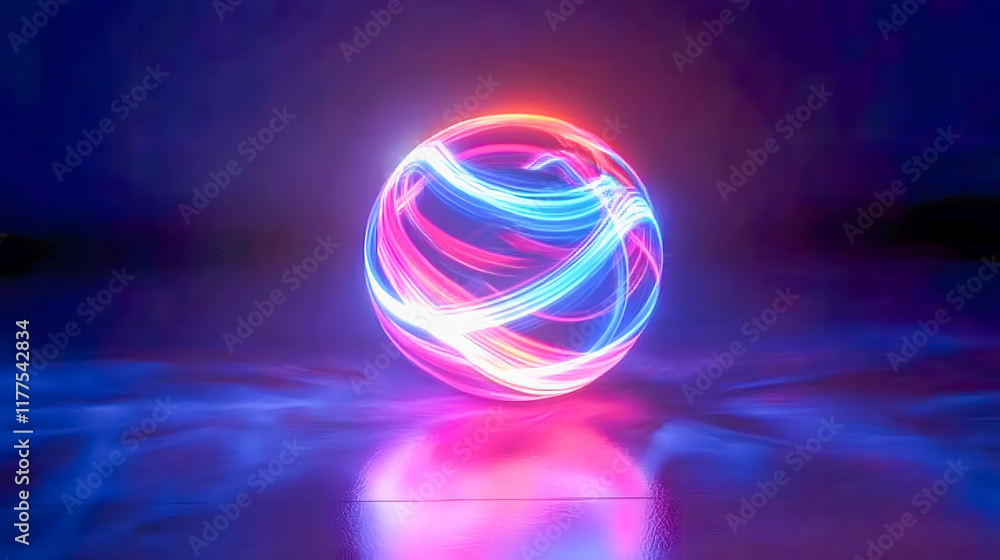 Poster colorful glowing sphere with vibrant light trails on a reflective surface in a dark environment crea