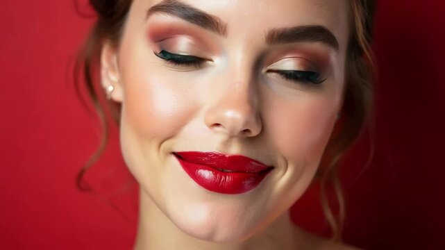 Confident Woman With Bold Red Lips Smiles Against a Vibrant Background in This Engaging Makeup Tutorial Setting