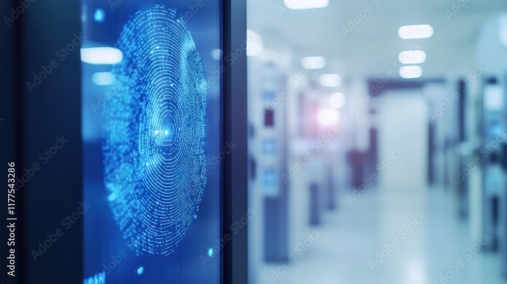 Poster futuristic fingerprint scanner displaying biometric data on a screen in a blurred manufacturing plan
