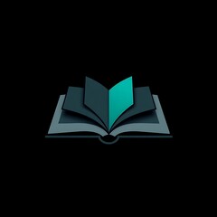 Open Book, Knowledge Symbol: A minimalist and modern design of an open book, with vibrant teal pages against a dark background. This abstract image evokes the power of learning, discovery.
