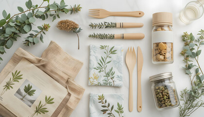 A flat-lay of eco-friendly products like reusable bags, bamboo utensils, and glass jars