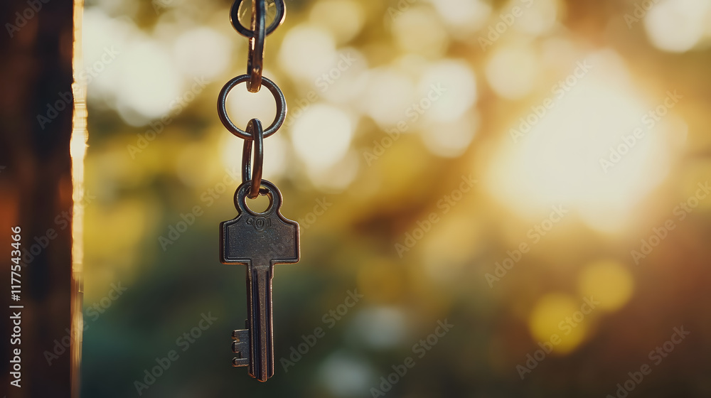 Aufkleber golden key hanging in soft natural light with blurred background creating an atmosphere of mystery a