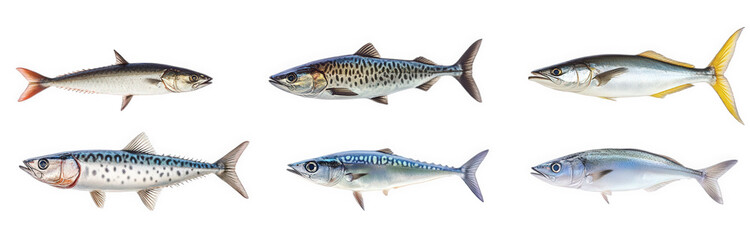 Obraz premium variety of fish. displayed in a row against a white background. showcasing their distinct colors and patterns this representation serves educational or informational purposes. possibly for identificat