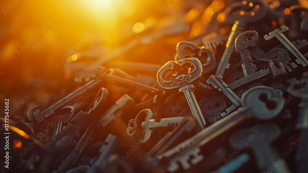 Poster a close-up view of vintage keys piled together on a surface with a beautiful warm glow from a sunset