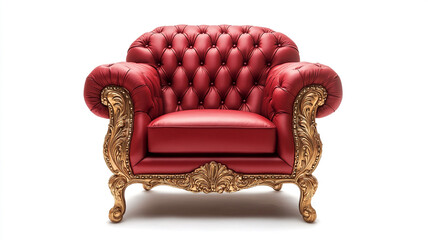 A luxurious red throne chair with a golden frame isolated on white background.