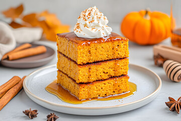 Seasonal pumpkin cake stacked high on a plate, topped with whipped cream and caramel sauce, surrounded by autumn decor and spices