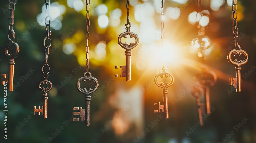 Poster antique keys hanging on chains with sunlight background creating a magical and mysterious atmosphere