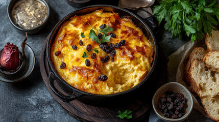 Bread and butter pudding with raisins and custard 