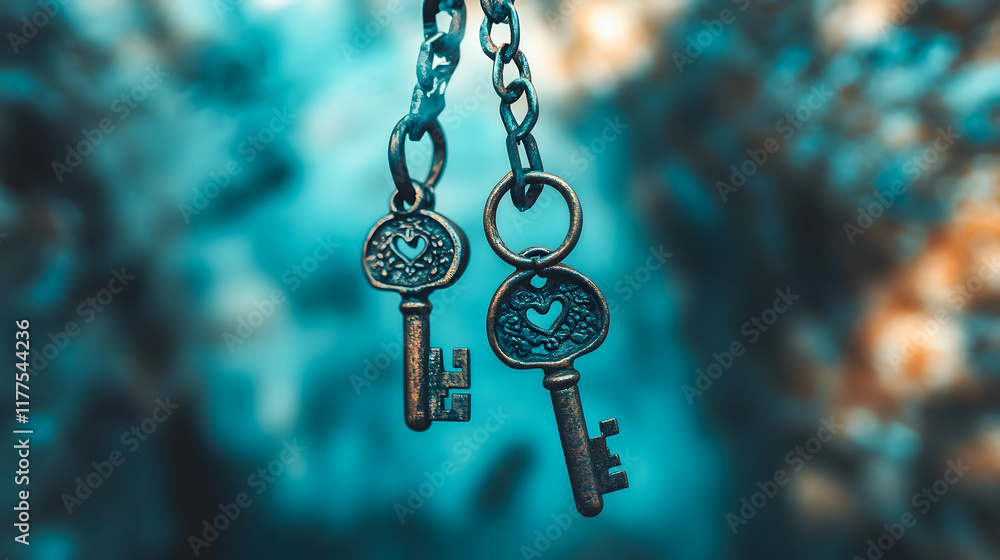 Poster vintage keys on a chain with intricate designs and a soft blue background for symbolizing love and s