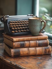 Vintage Typewriter Leather Bound Books and Aromatic Coffee on Rustic Wooden Table