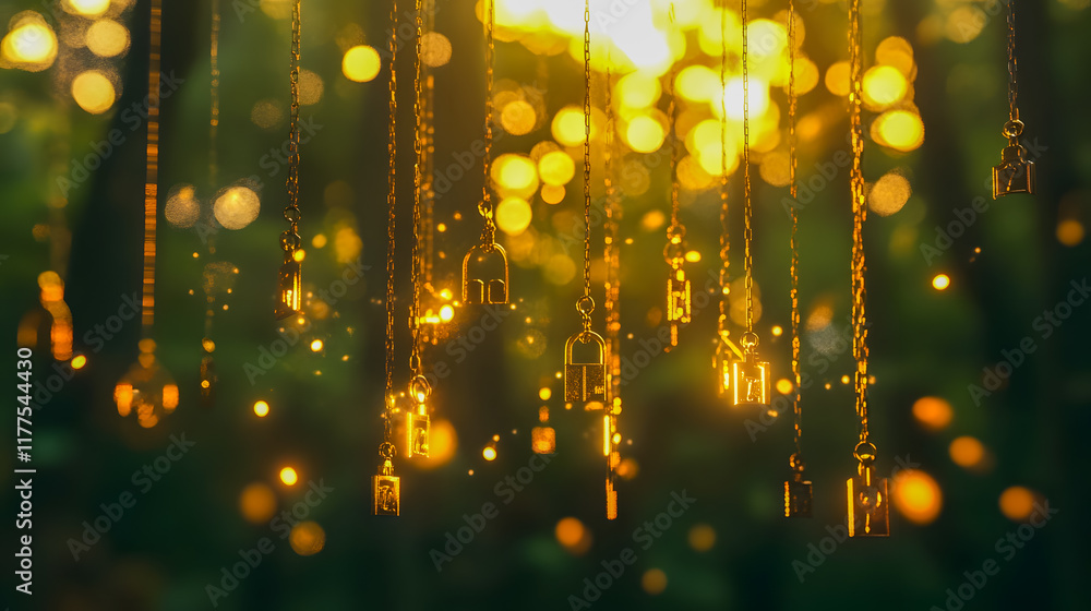Poster sparkling golden locks and chains flowing down in a magical forest with soft green background and gl