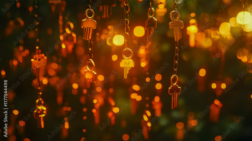 Poster golden keys hanging on a chain with a shimmering bokeh background creating a dreamy and magical atmo