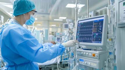 A dedicated healthcare worker in personal protective equipment checks vital signs on a high-tech monitor in a bustling intensive care unit during the day
