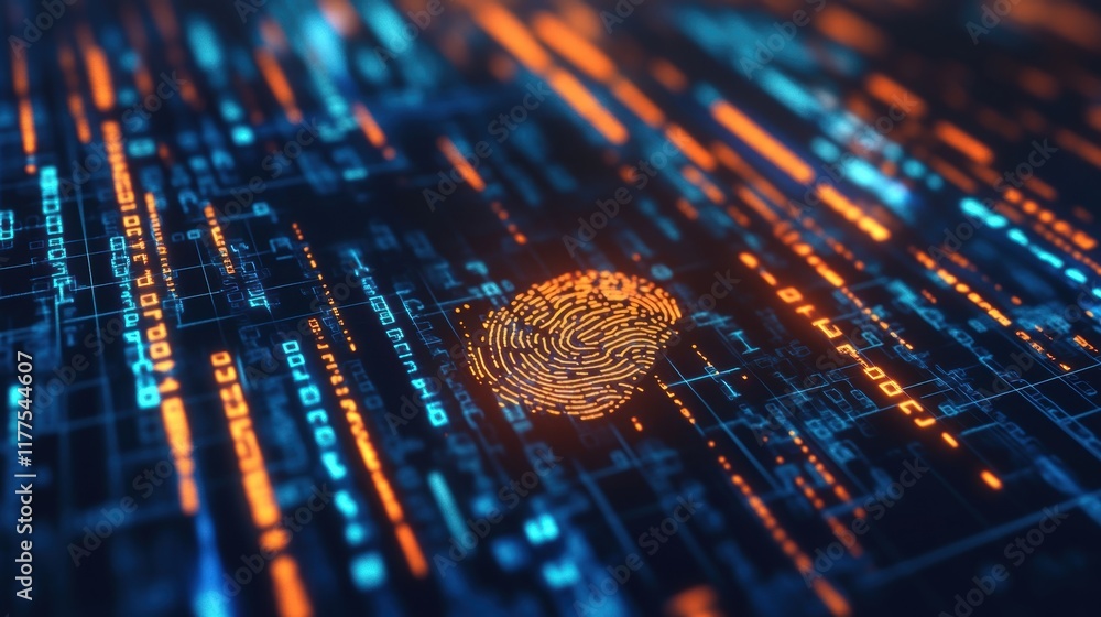 Poster futuristic digital binary code streams across a dark background, converging on a glowing orange fing