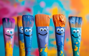 Playful paintbrushes with cheerful faces and colorful bristles, set against a dynamic, bright background, creating a joyful and creative environment for artistic designs