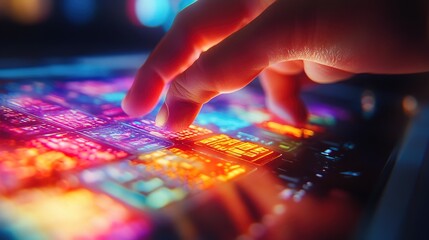 A close-up of a hand using a colorful touch screen interface