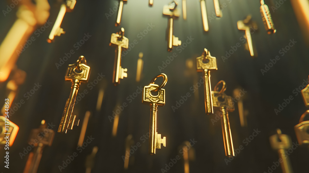 Poster golden keys falling down in a mystical light, creating an enchanting atmosphere of potential and opp