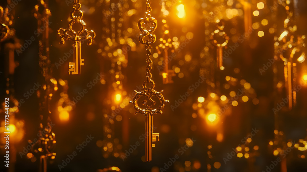 Poster golden keys hanging from chains in a magical ambient light creating a dazzling and enchanting visual