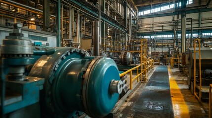 A well-lit industrial facility showcases heavy machinery and equipment that supports production processes. The layout features clear pathways and organized spacing, emphasizing efficiency