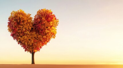 A heart-shaped tree in autumn colors against a serene backdrop.