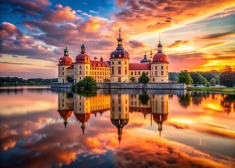 Obraz premium Majestic Schloss Moritzburg Palace Reflecting in Calm Water at Sunset - German Baroque Architecture