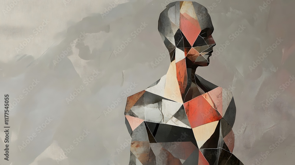 Poster dynamic abstract human figure digital art contemporary style studio setting side profile expression 