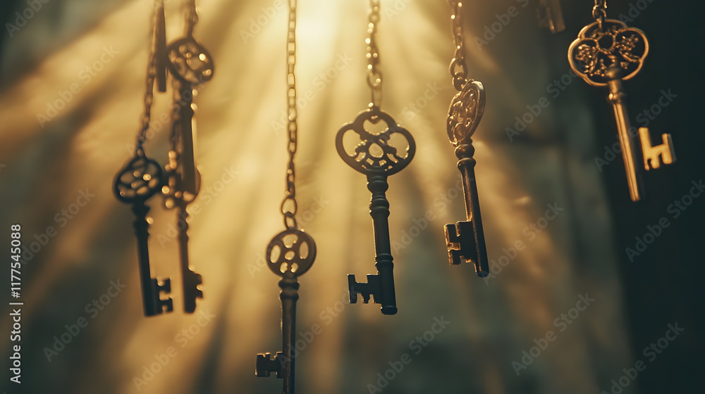 Poster vintage keys hanging in rays of light with soft focus creating mystical atmosphere and antique aesth