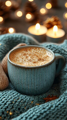 Cozy winter beverage with warm lighting and festive decorations in a tranquil setting