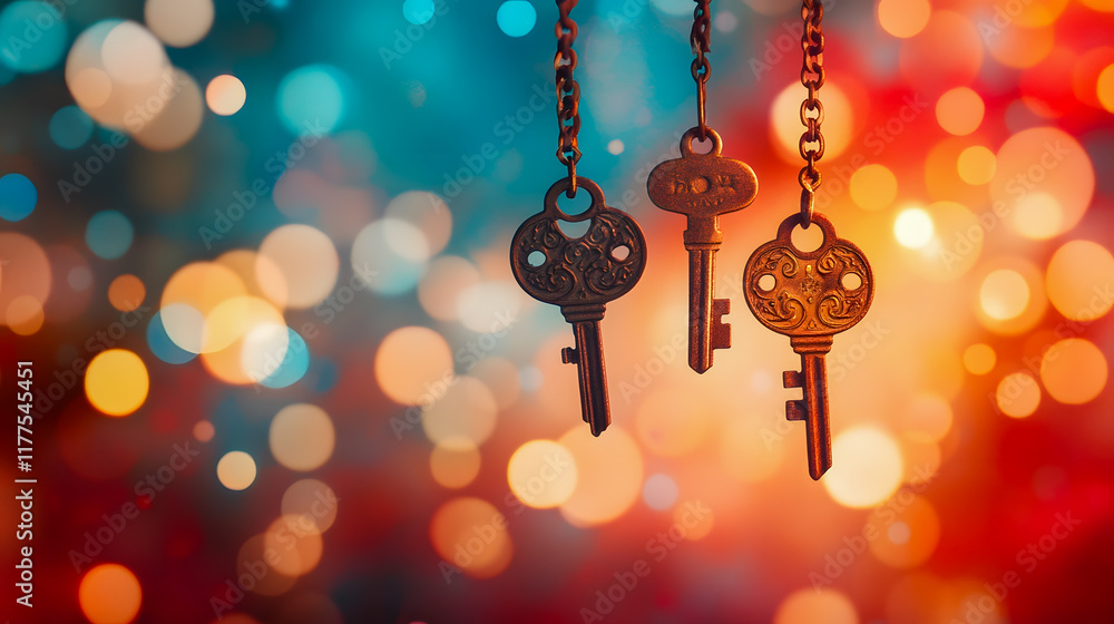 Poster three vintage keys hanging with colorful bokeh background creating an enchanting atmosphere for abst