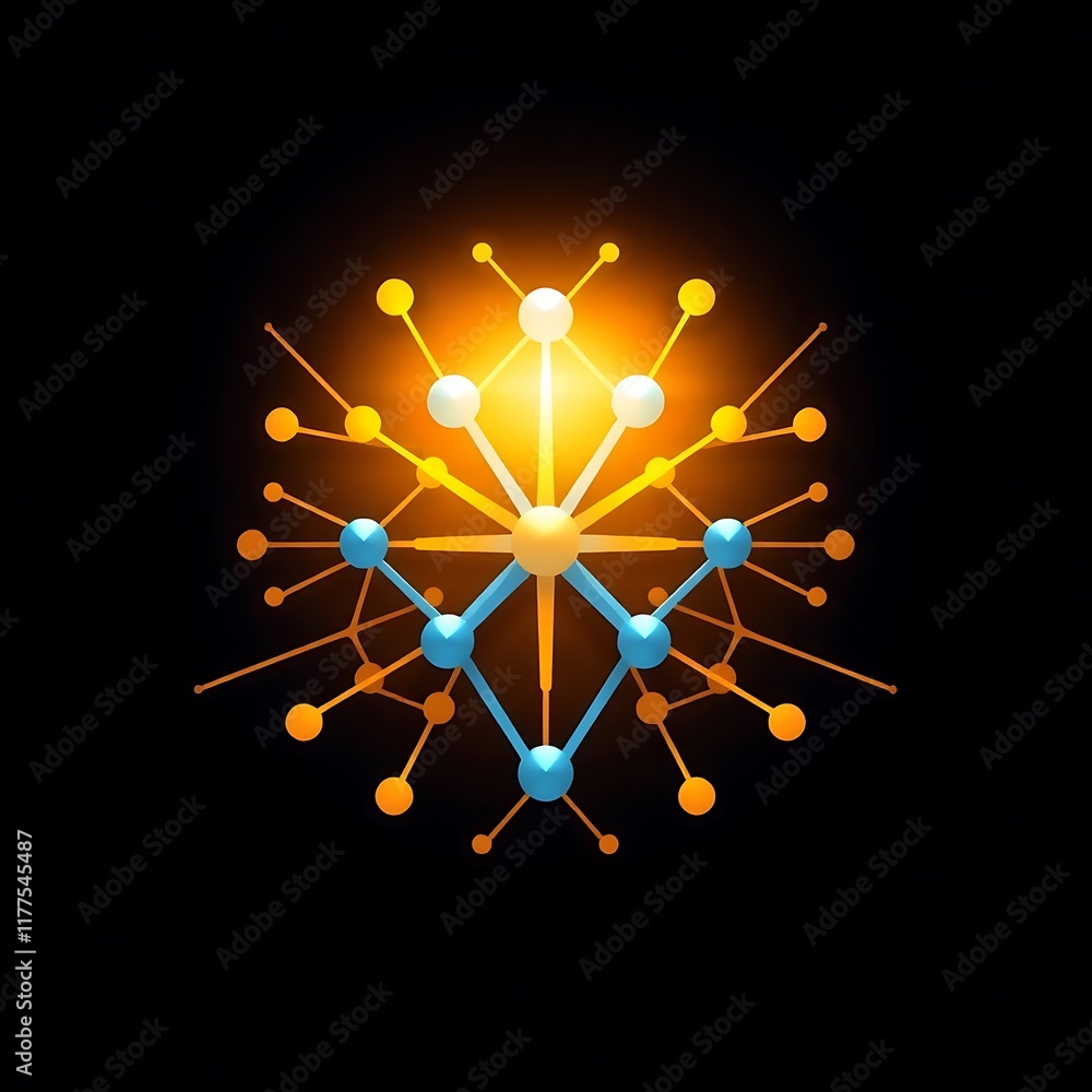 Poster abstract network of connection: a stylized network of interconnected nodes, radiating with a warm, g