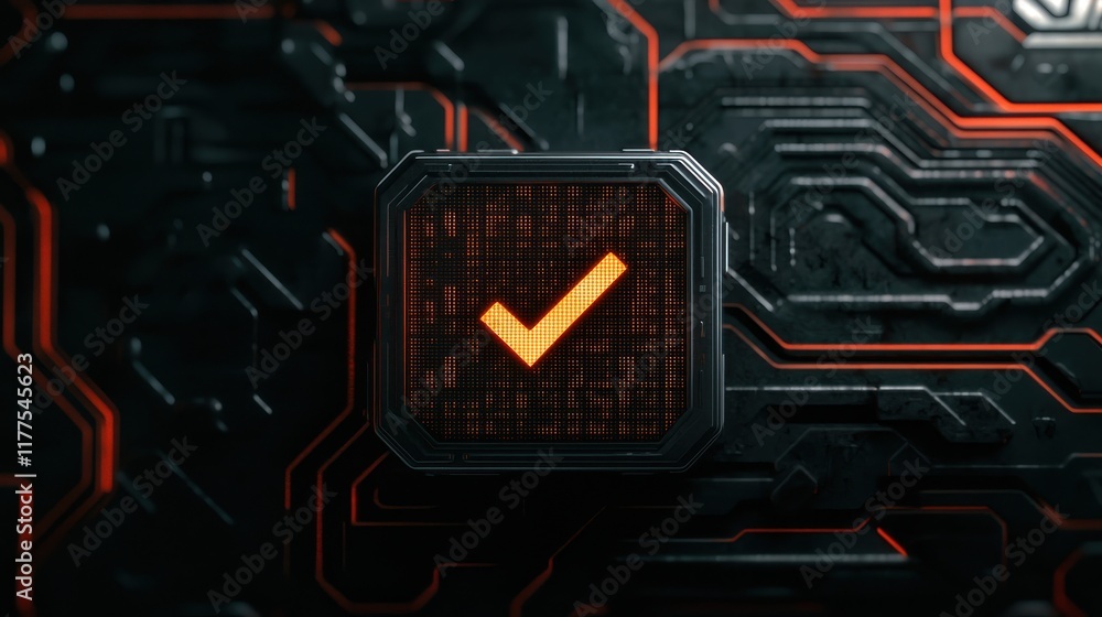 Poster a glowing checkmark symbol on a circuit-like background, symbolizing confirmation and approval in a 