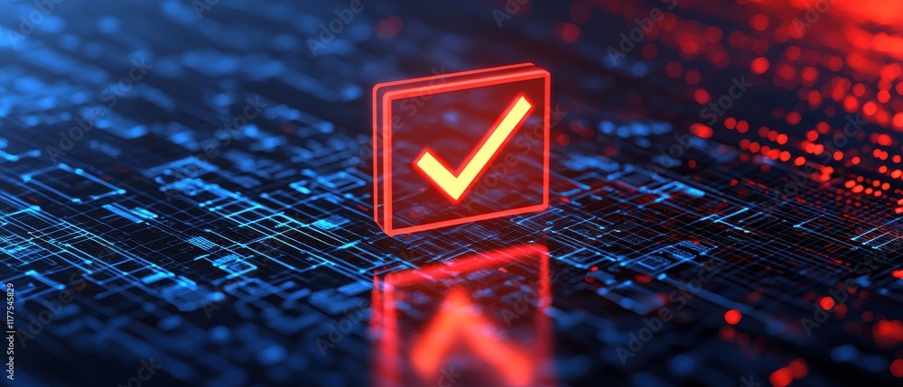 Poster a glowing red checkmark icon stands out against a digital background of interconnected blue and red 
