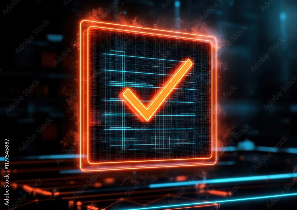 Poster a glowing digital checkmark in a futuristic interface, symbolizing approval, success, or verificatio