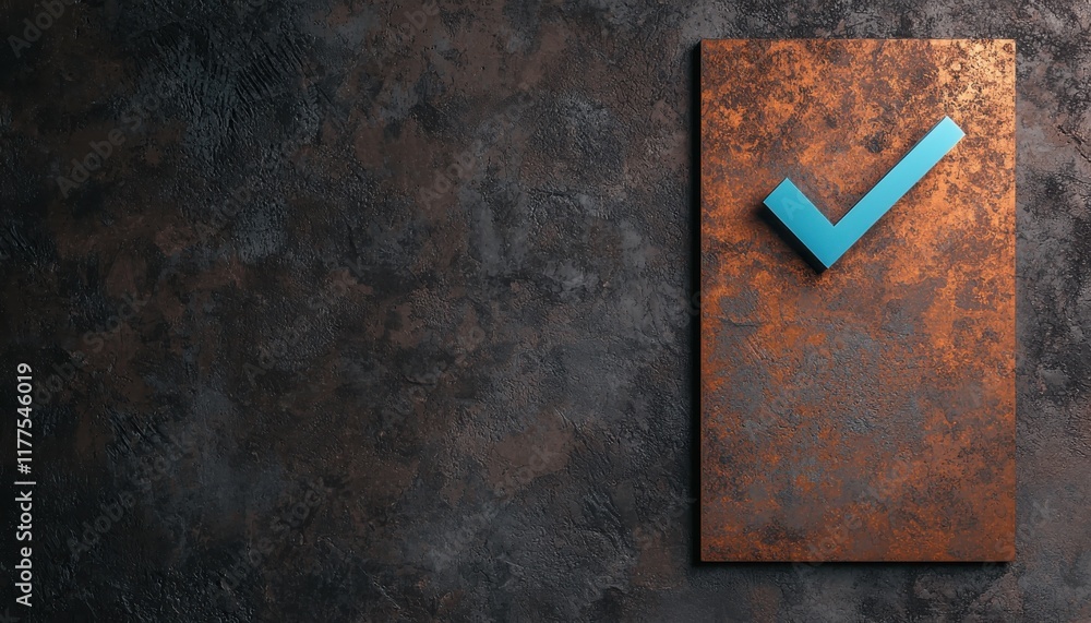Aufkleber a textured background features a rusted panel with a bold blue check mark, symbolizing approval or c