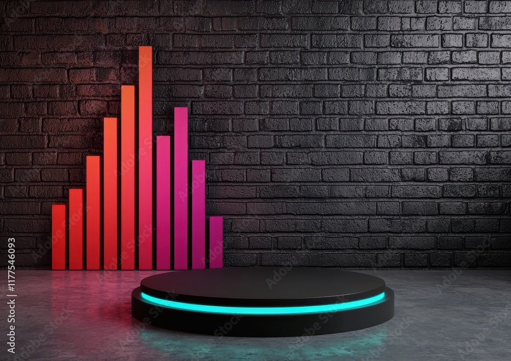 Poster a modern display featuring a circular platform with neon accents and a colorful bar graph against a 