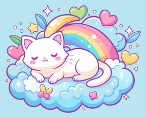 Cute White Kitten Sleeping on a Fluffy Cloud – Vibrant Night Sky Illustration