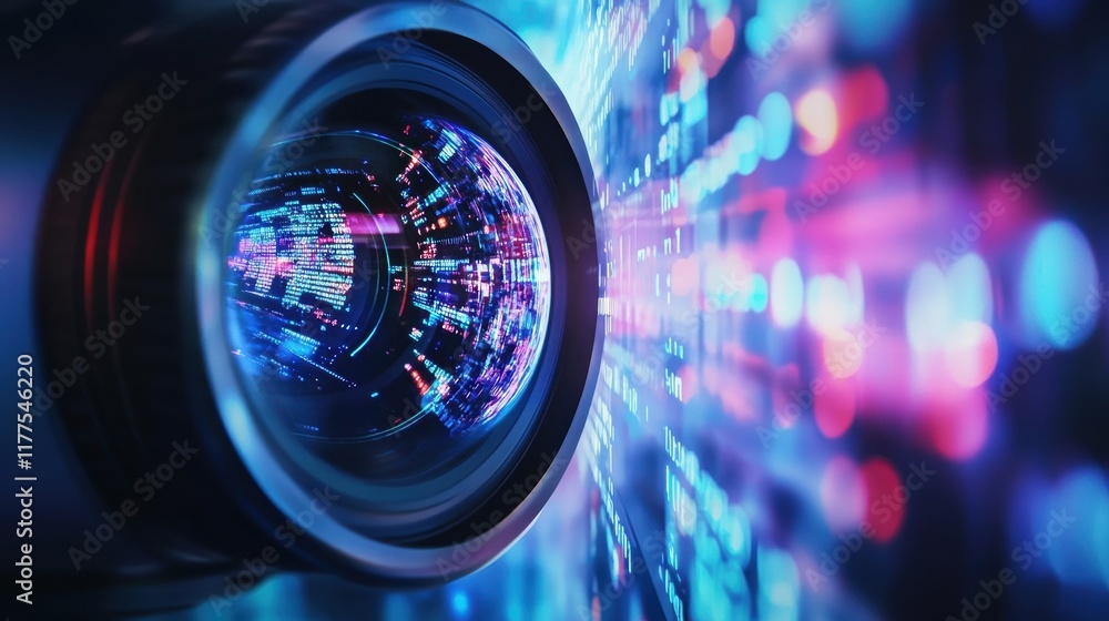 Poster camera lens focusing on a futuristic manufacturing process, showcasing code, data visualizations, an