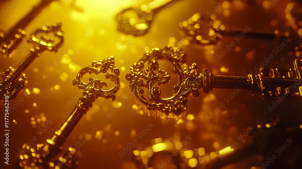 Poster vintage keys lying on a shimmering golden background with an enchanting glow and intricate designs c