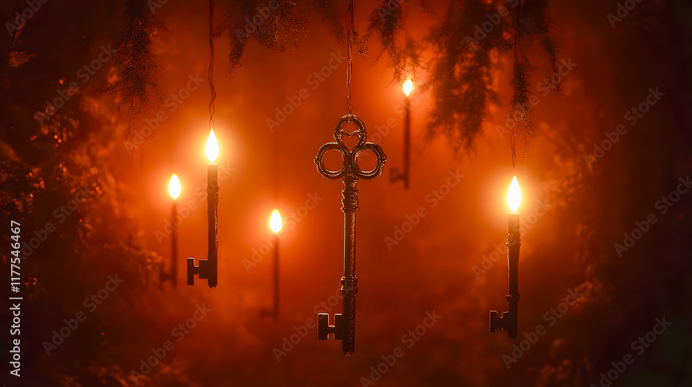 Poster mysterious hanging key surrounded by glowing candles in enigmatic foggy setting with soft warm light