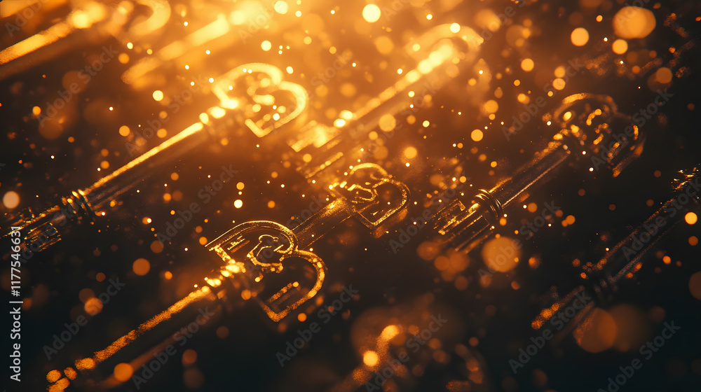 Poster golden key shimmering in soft light with bokeh effect and sparkling dust particles for luxury and su