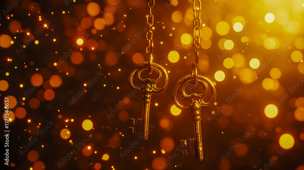 Poster gleaming vintage gold keys hanging from a chain against a shimmering golden bokeh background with ra