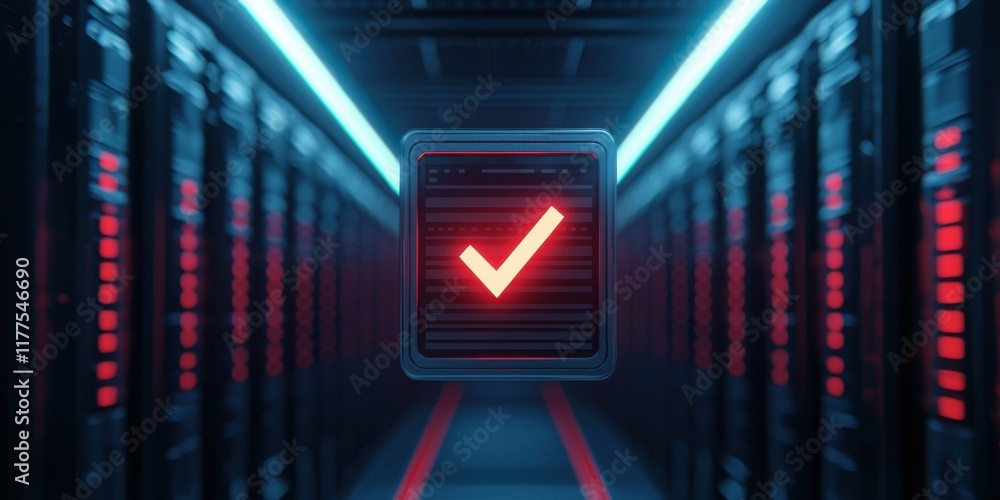 Poster a futuristic server room featuring illuminated racks and a glowing checkmark symbol, indicating succ