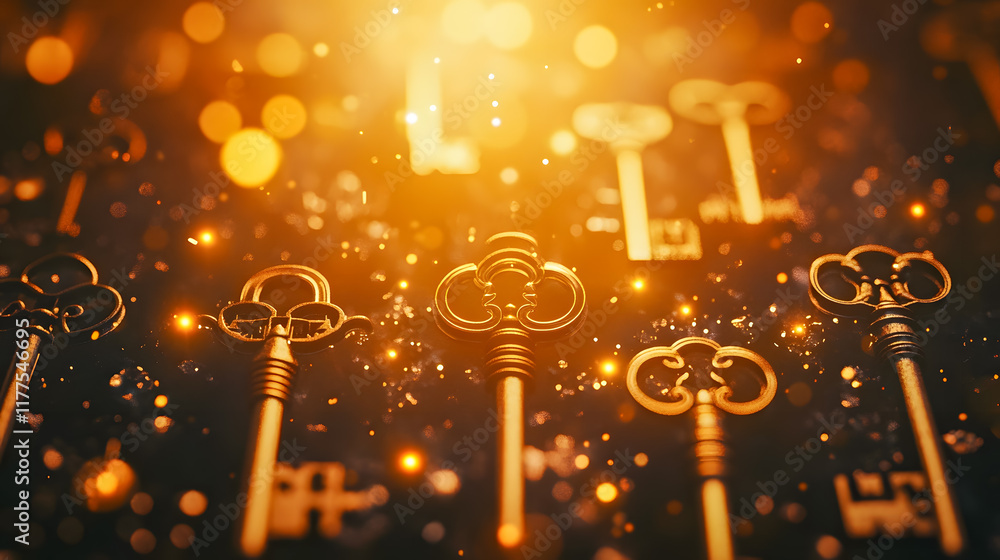 Poster golden antique keys lying on dark surface with magical bokeh and sparkles in enchanting light, symbo