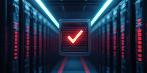 Obraz premium A futuristic server room featuring illuminated racks and a glowing checkmark symbol, indicating successful verification or completion.