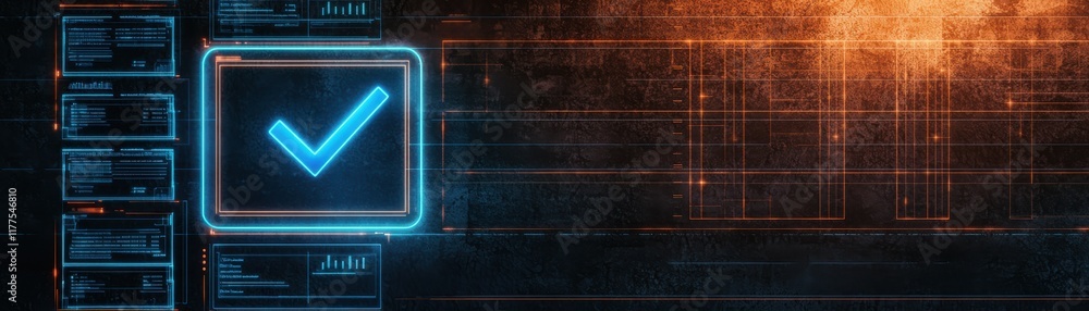 Poster a futuristic digital interface displaying a blue checkmark against a dark background, conveying them