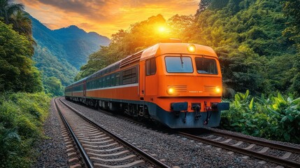 Obraz premium Orange train moving through lush mountain valley at sunset.