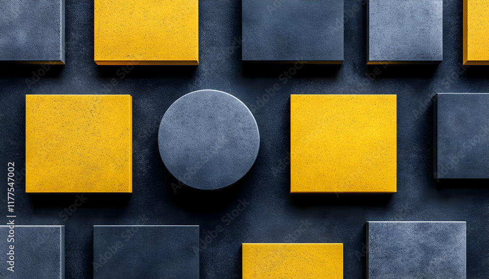 Poster abstract geometric background with yellow and gray squares and a circle, ideal for design projects a
