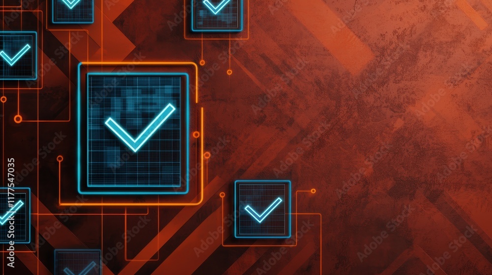 Poster a futuristic digital background featuring glowing checkmarks, symbolizing approval or completion in 